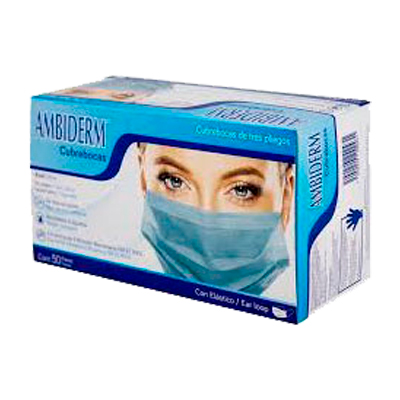 Ambiderm®Cubrebocas 3 Pliegues Blanco Paquete con 50pzas (704006-4 )